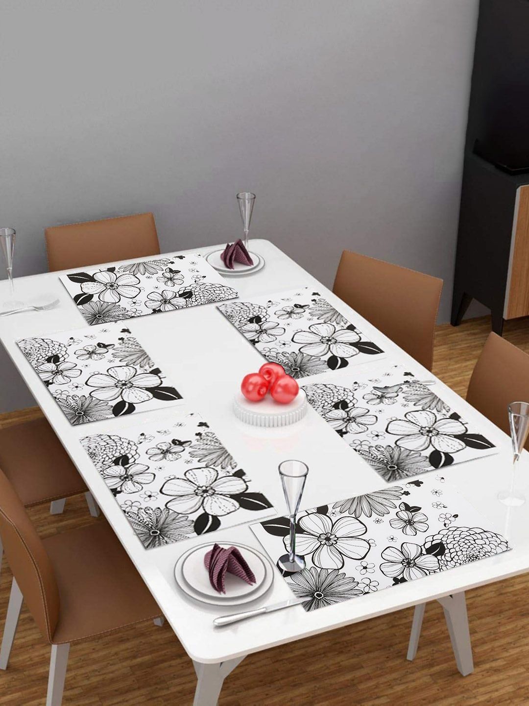 Dakshya Industries White & Black 6 Pieces Floral Printed Rectangular Table Placemats-image-48
