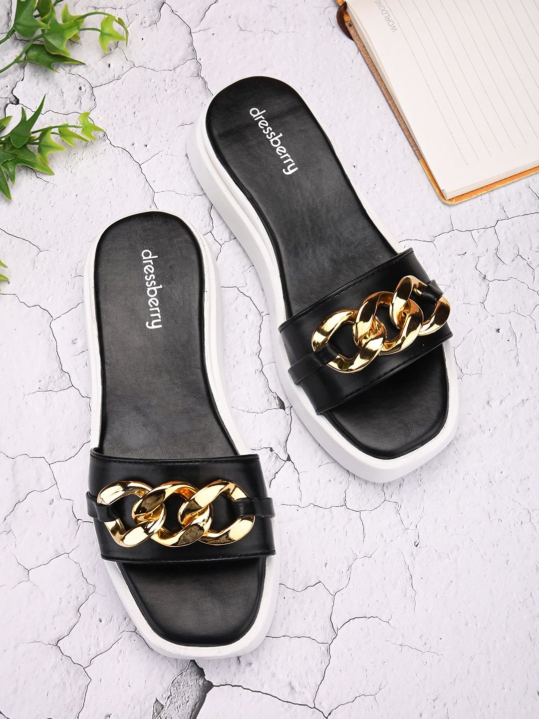 DressBerry Black & Gold-Toned Embellished Open Toe Flats-image-23