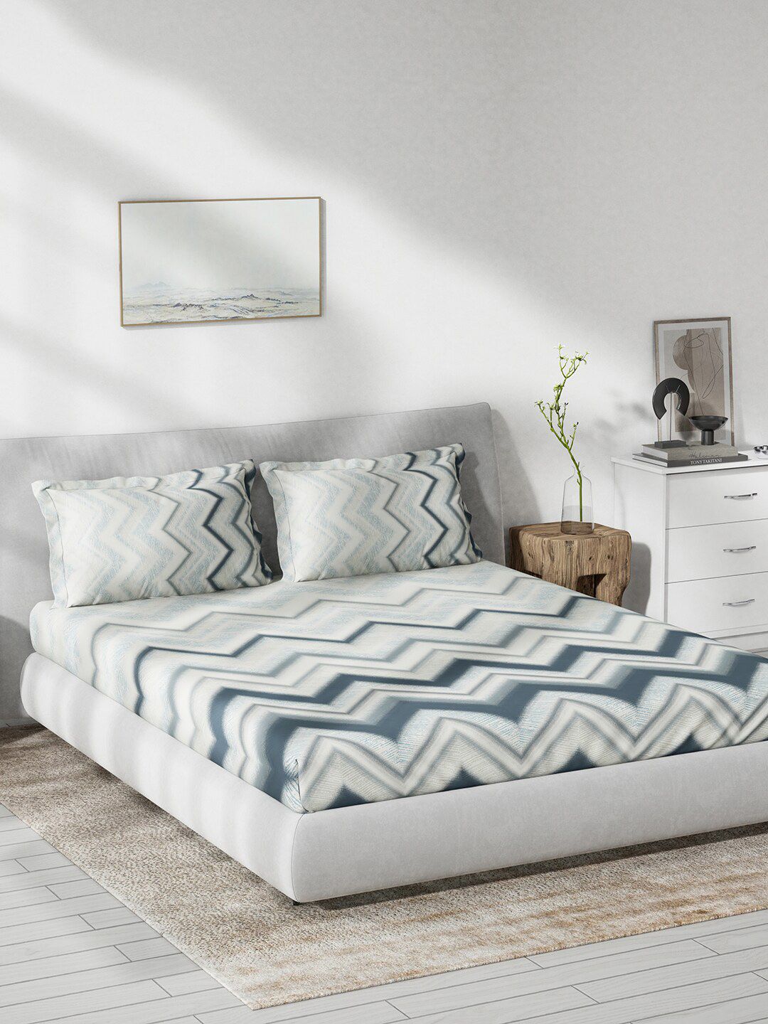 DDecor Cream & Blue Printed Cotton 144 TC Fitted King Bedsheet with 2 Pillow Covers-picture-11