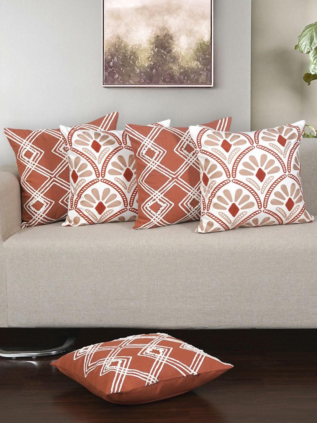 Ode & Cleo Beige & White 5 Pieces Embroidered Cotton Square Cushion Covers-picture-38