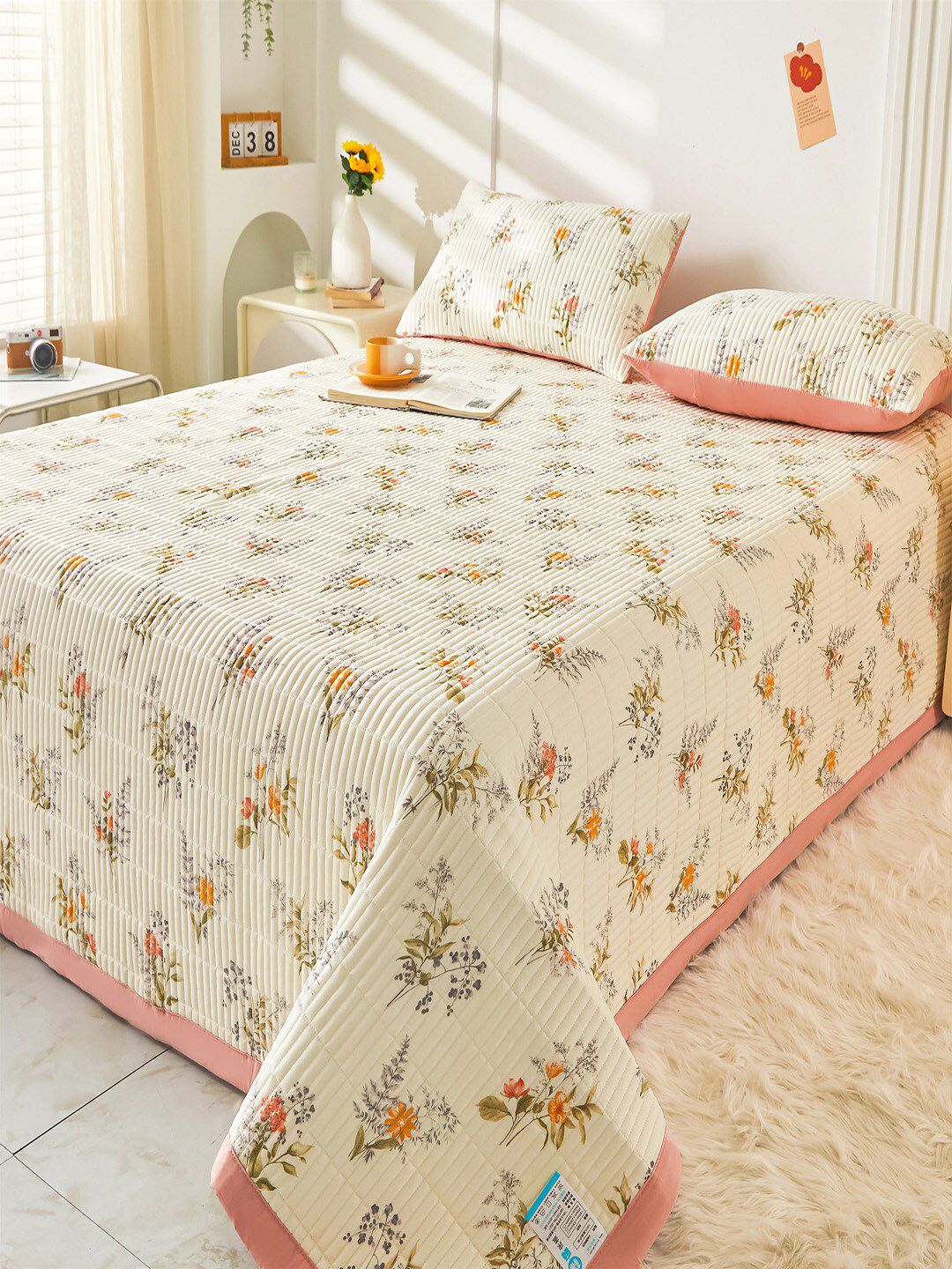 JC HOME Cream Coloured & Pink Floral Double Queen Bed Cover With 2 Pillow Covers