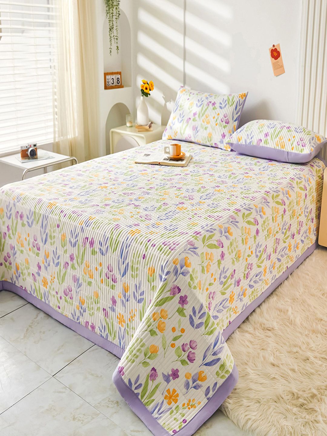 JC HOME Off White & Purple Floral Printed Double King Bed Cover With 2 Pillow Covers-picture-36
