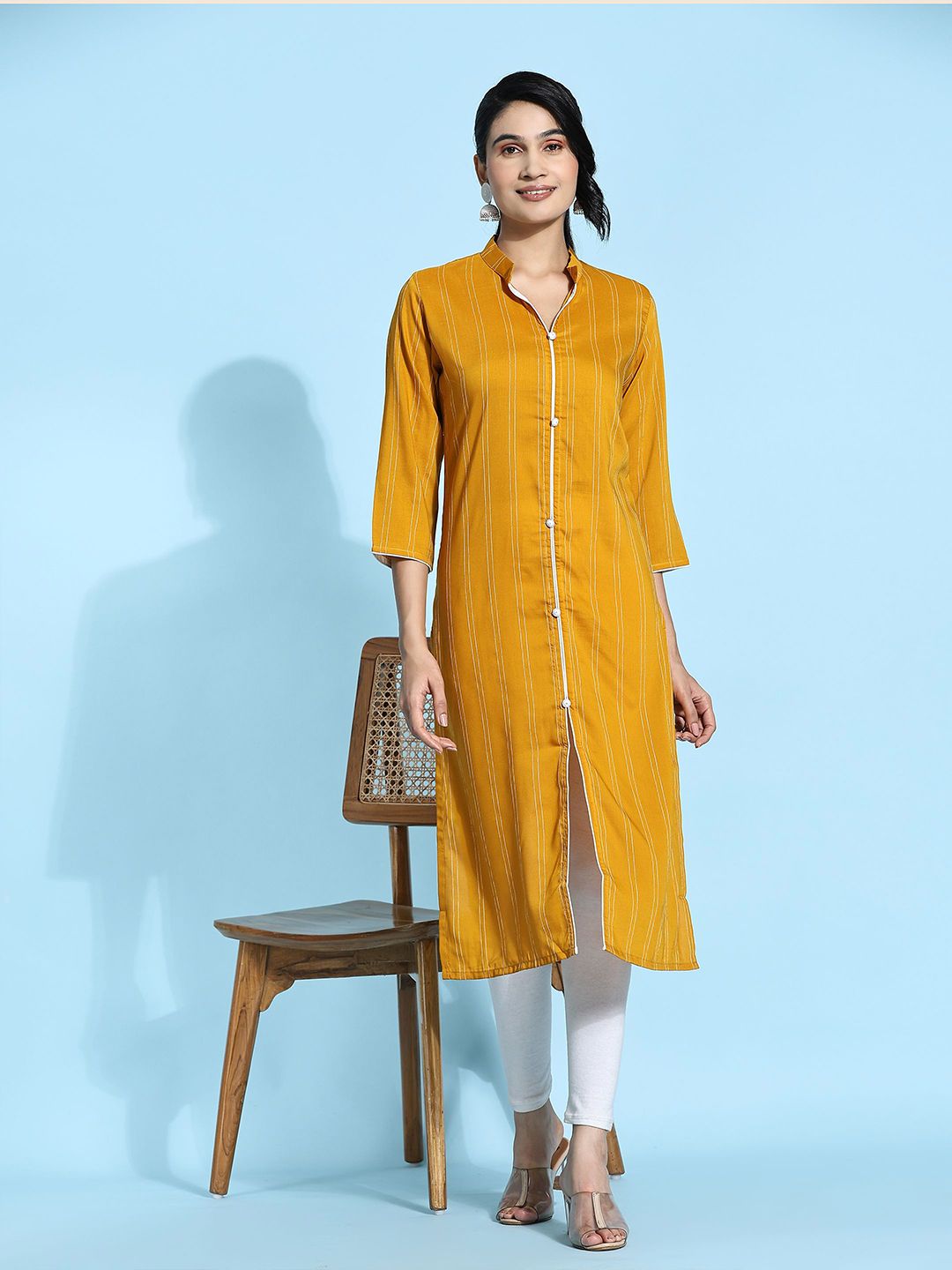 RACHNA Striped Multiple Slits Mandrian Collar Kurta-picture-16