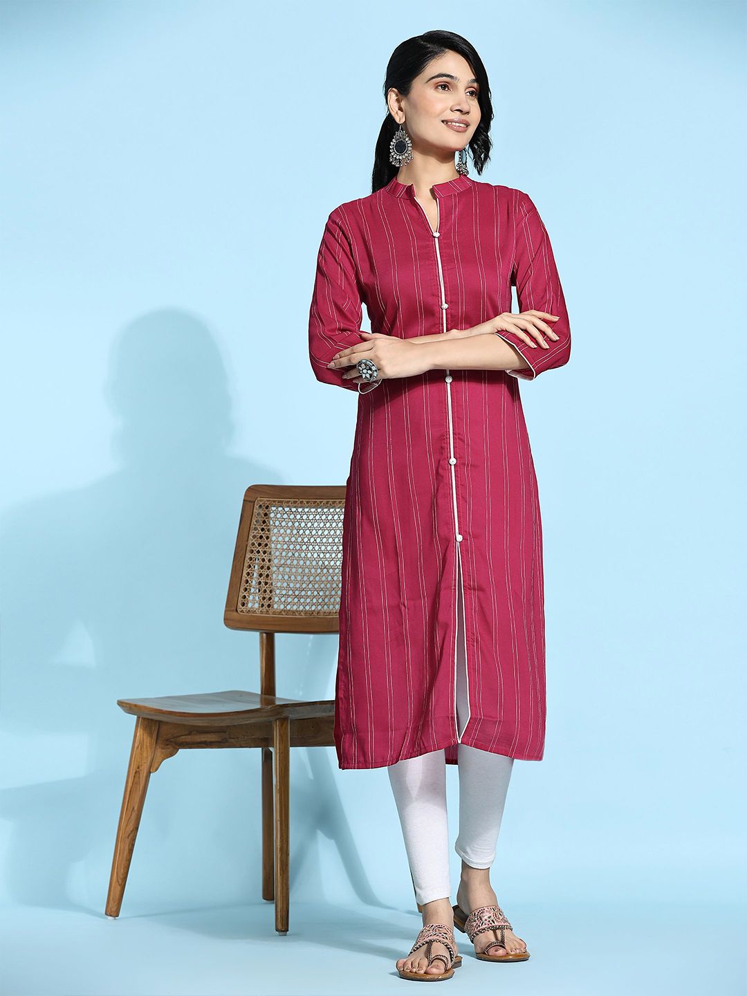 RACHNA Striped Mandarin Collar Straight Kurta-image-48