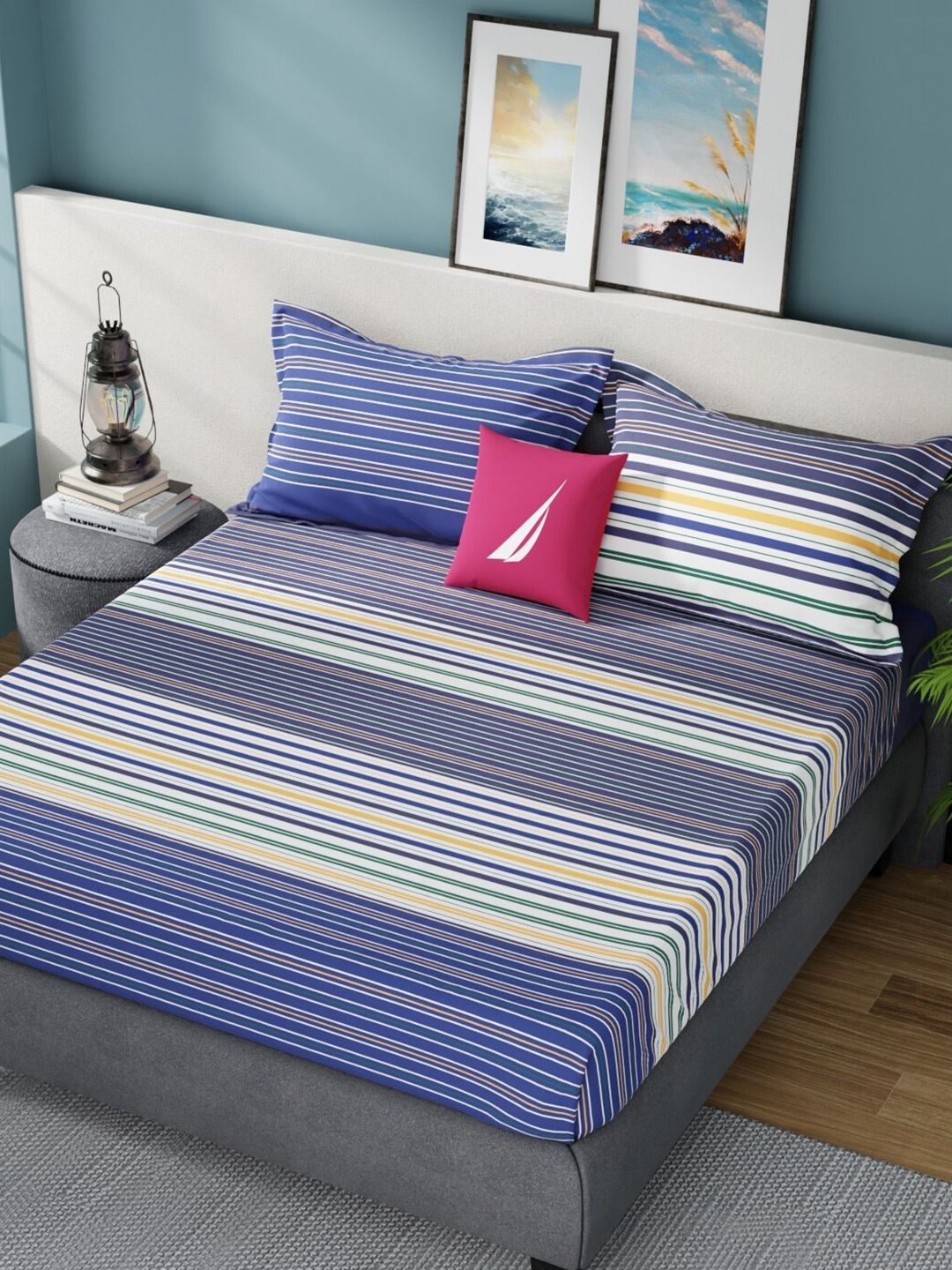 Nautica Bradford Blue & White Striped Cotton 160 TC King Bedsheet with 2 Pillow  Covers - Price History