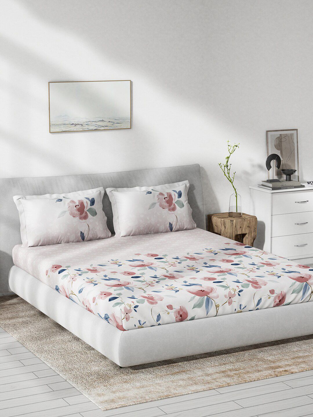 DDecor Pink & Blue Floral Cotton 144 TC King Bedsheet With 2 Pillow Covers-picture-36