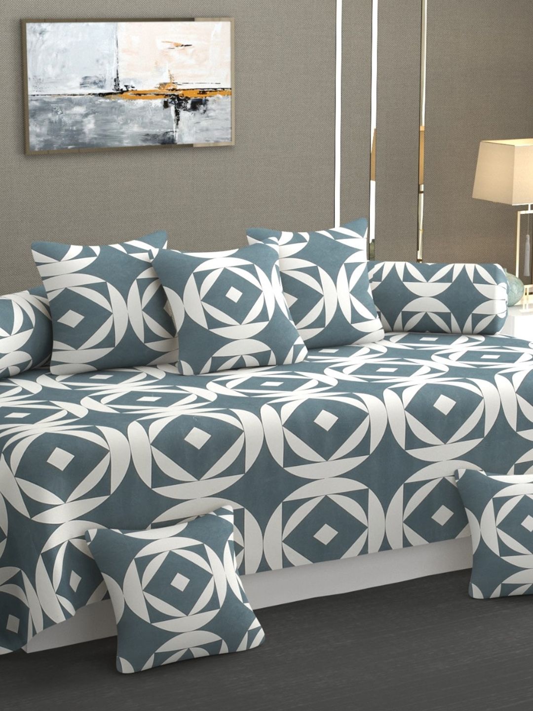 Bajo's Grey & White 8 Pieces Printed Cotton Diwan Set