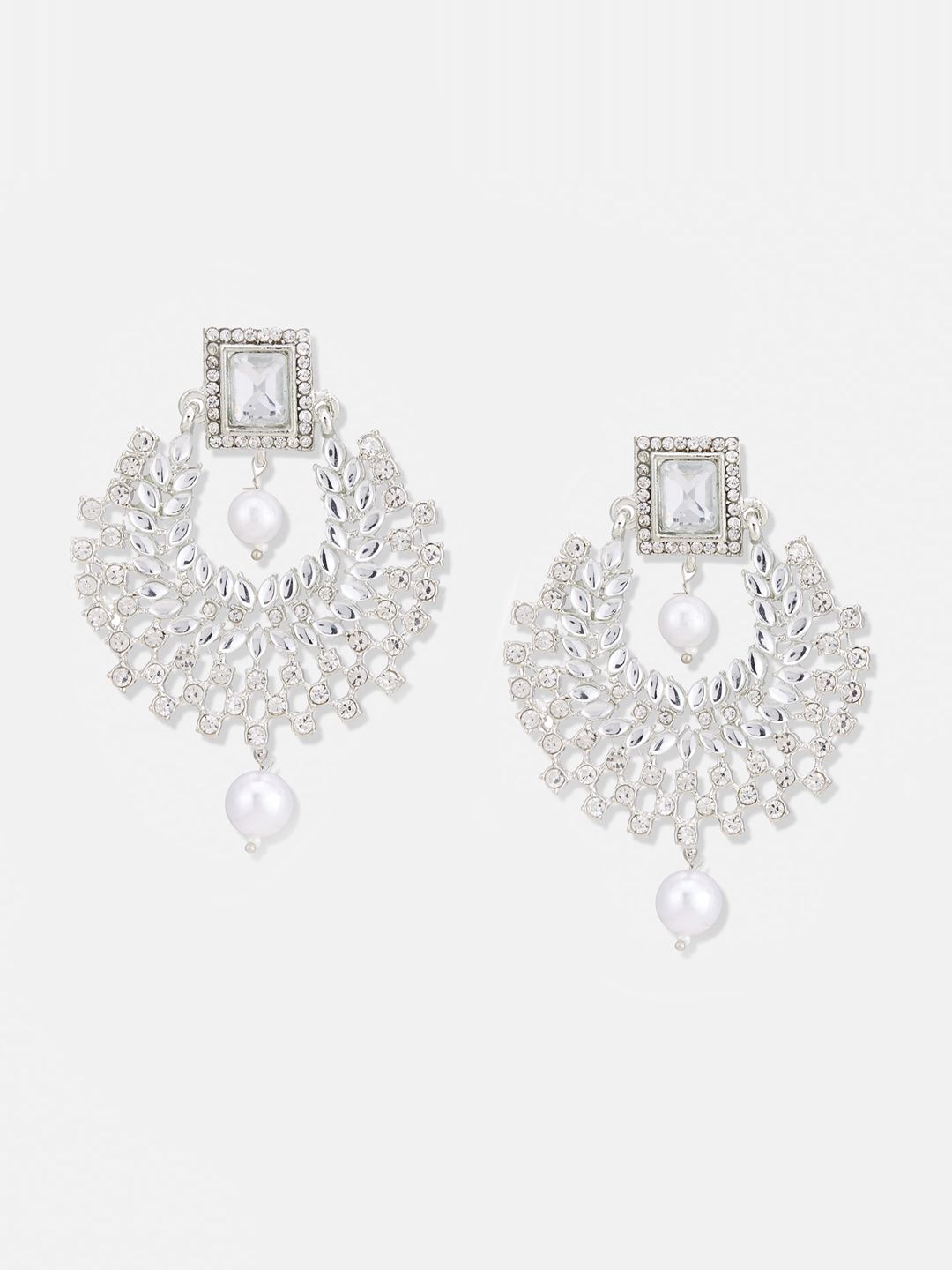 ATIBELLE Set Of 2 Silver-Plated Kundan Studded Contemporary Chandbalis
