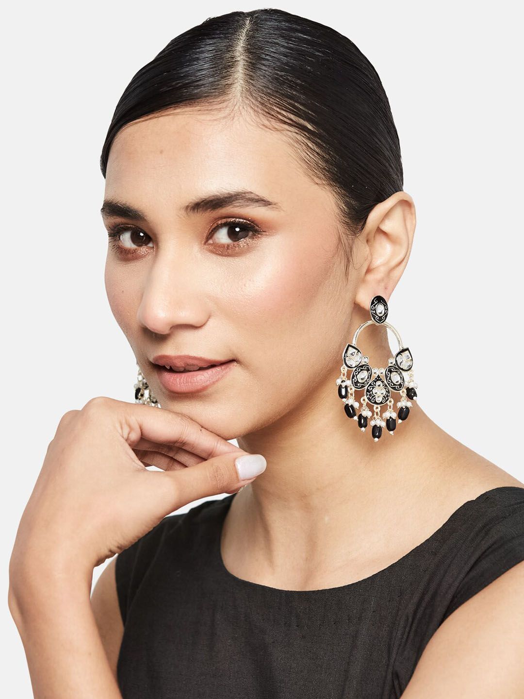 ATIBELLE  Set of 2 Silver-Gold Plated & Kundan stone studded Contemporary Drop Earrings
