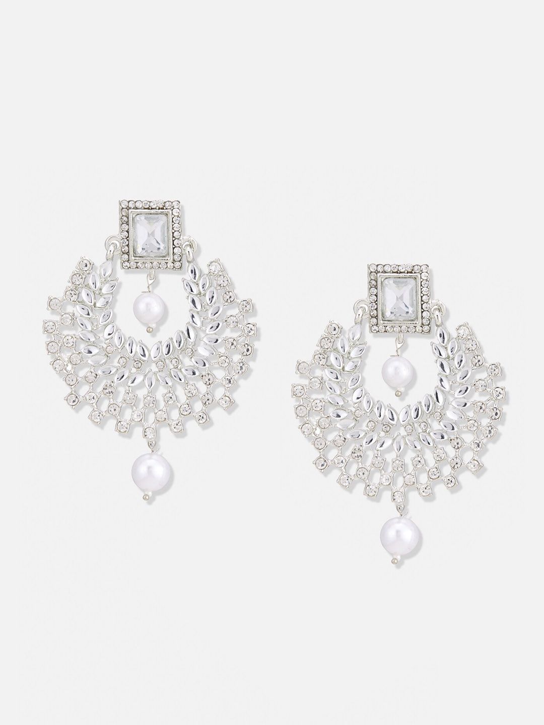 ATIBELLE Silver Plated Artificial Stones Contemporary Chandbalis With Pearl Drop Earrings