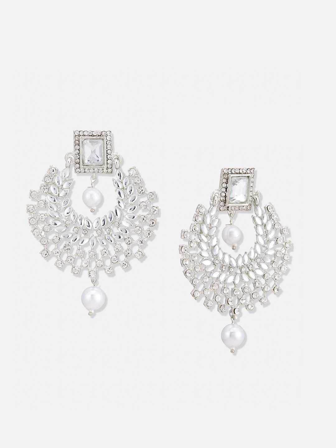 ATIBELLE Silver Plated Artificial Stones Contemporary Chandbalis With Pearl Drop Earrings