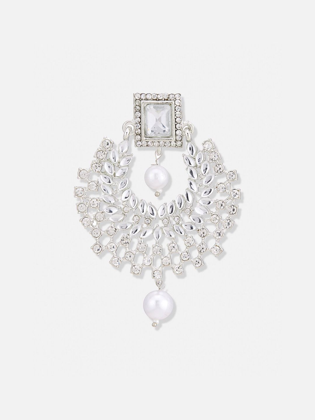 ATIBELLE Silver Plated Artificial Stones Contemporary Chandbalis With Pearl Drop Earrings