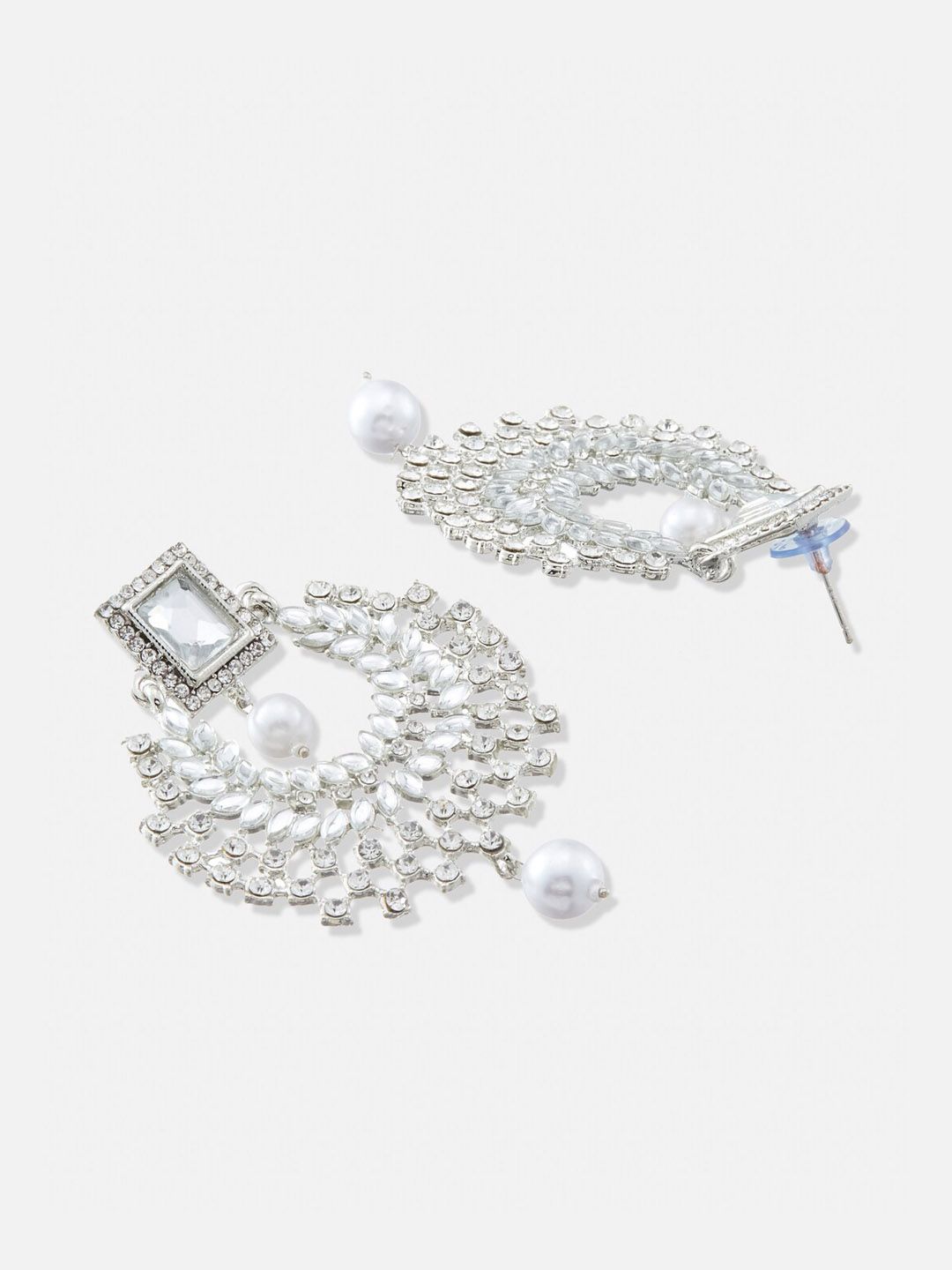 ATIBELLE Silver Plated Artificial Stones Contemporary Chandbalis With Pearl Drop Earrings