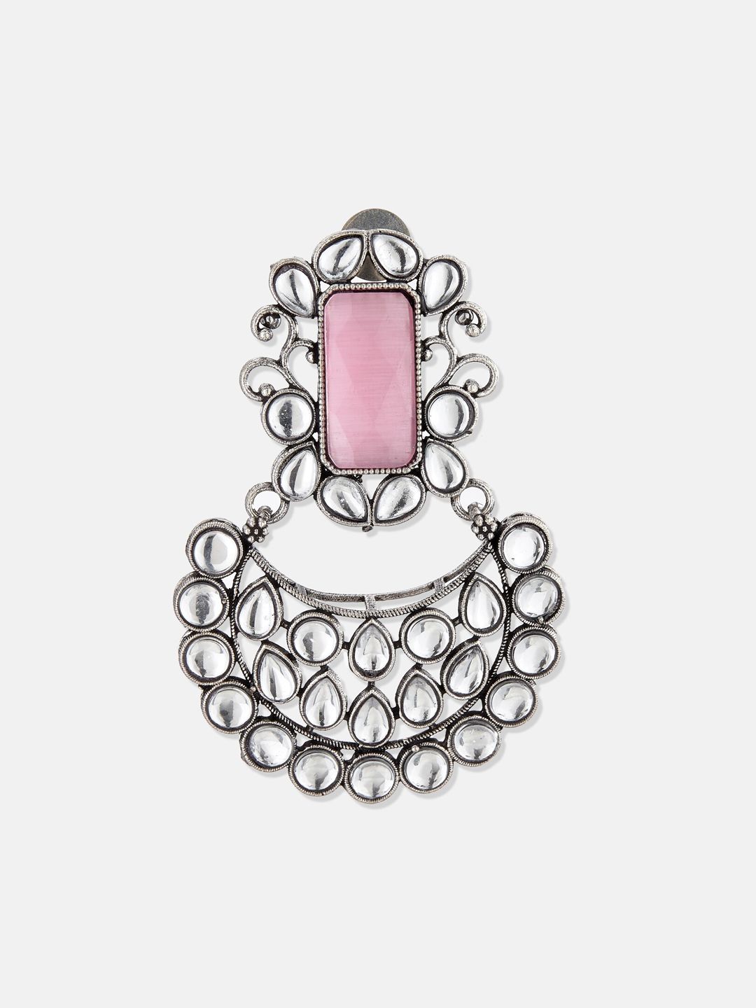 ATIBELLE Set of 2 Silver Plated Kundan studded Chandbalis Contemporary Drop Earrings