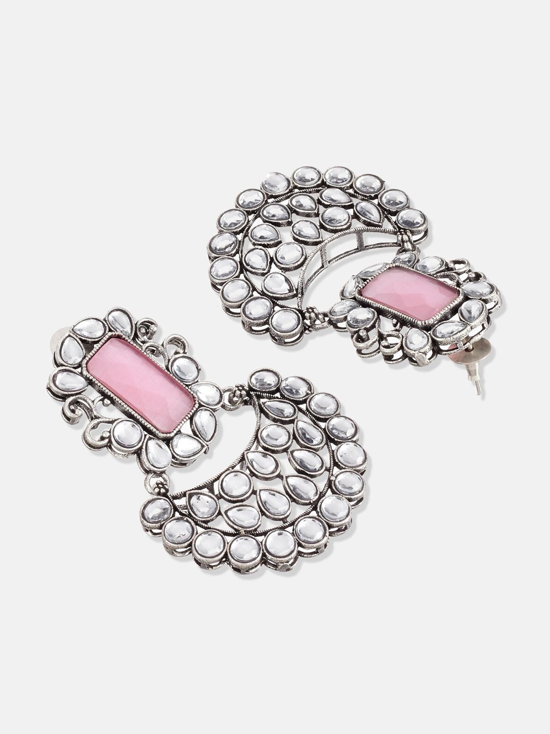 ATIBELLE Set of 2 Silver Plated Kundan studded Chandbalis Contemporary Drop Earrings