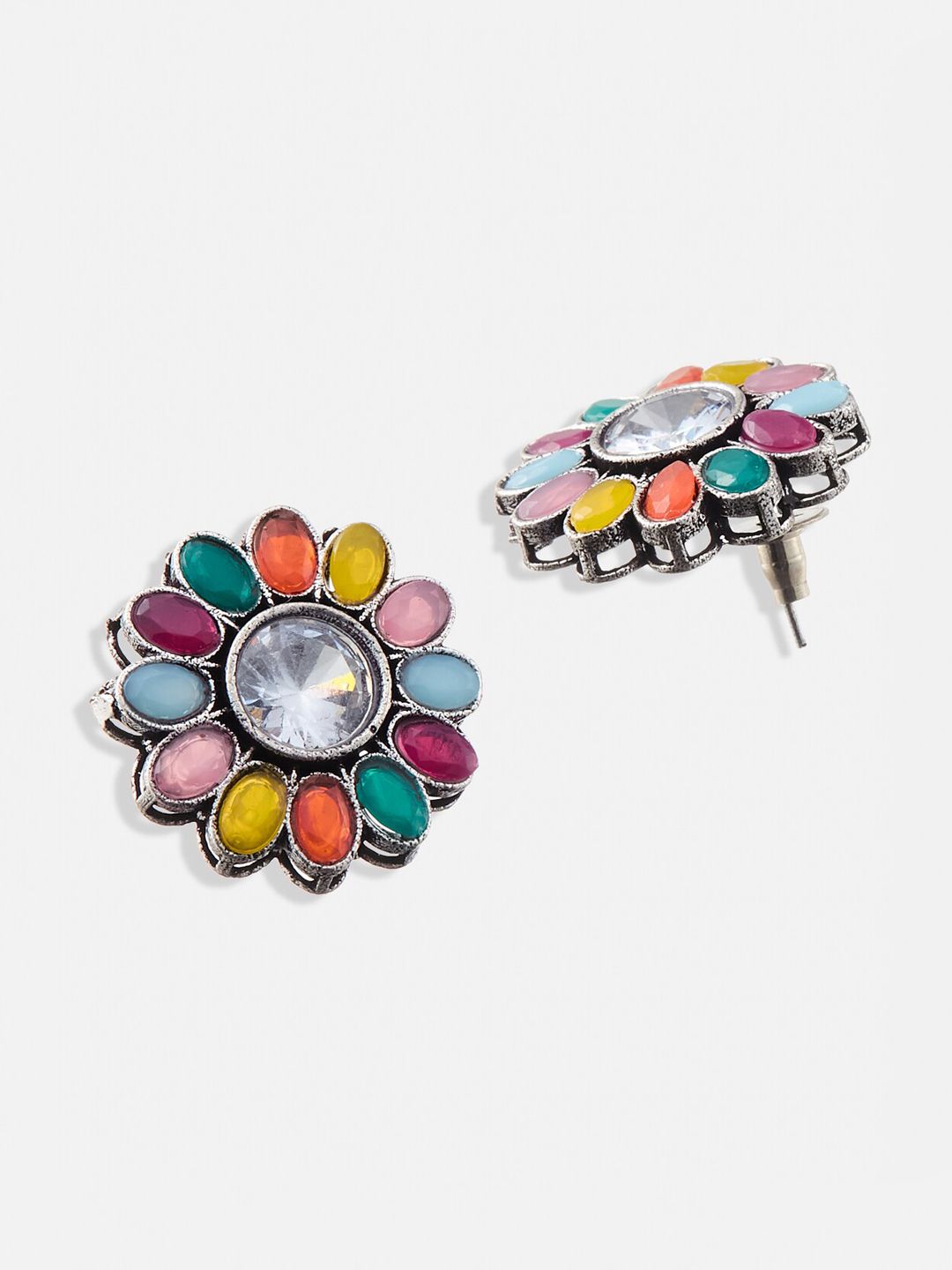 ATIBELLE Set of 2 Silver Plated Kundan studded Chandbalis Contemporary Drop Earrings