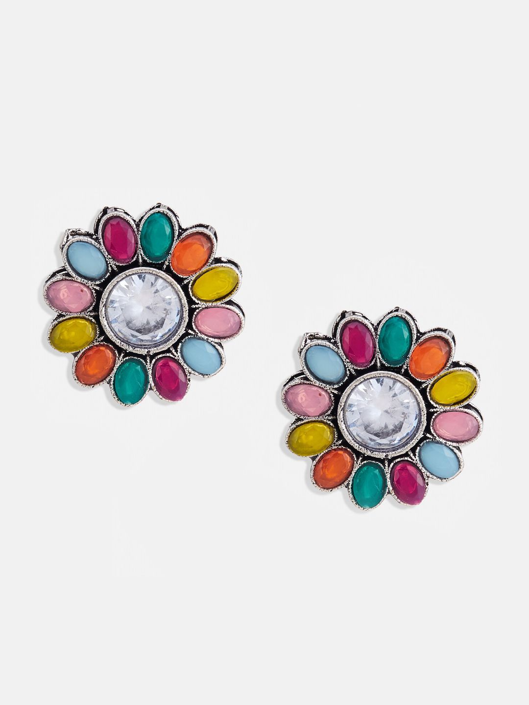 ATIBELLE Set of 2 Silver Plated Kundan studded Chandbalis Contemporary Drop Earrings