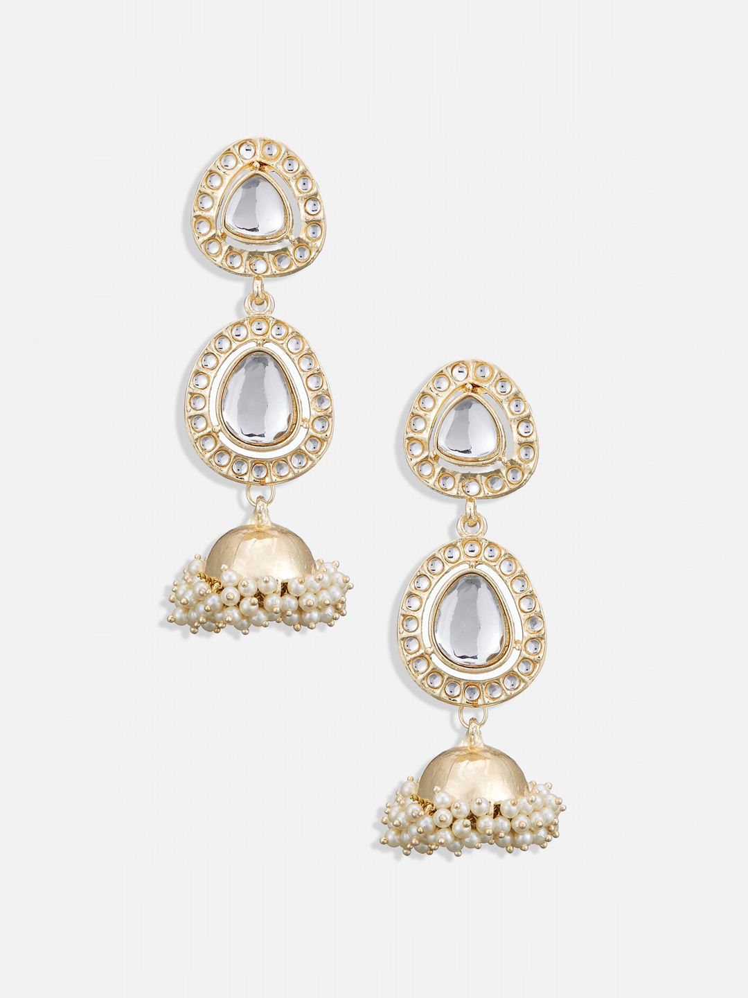 ATIBELLE Gold Plated Artificial Stones Studded Layered Contemporary Jhumkas Earrings