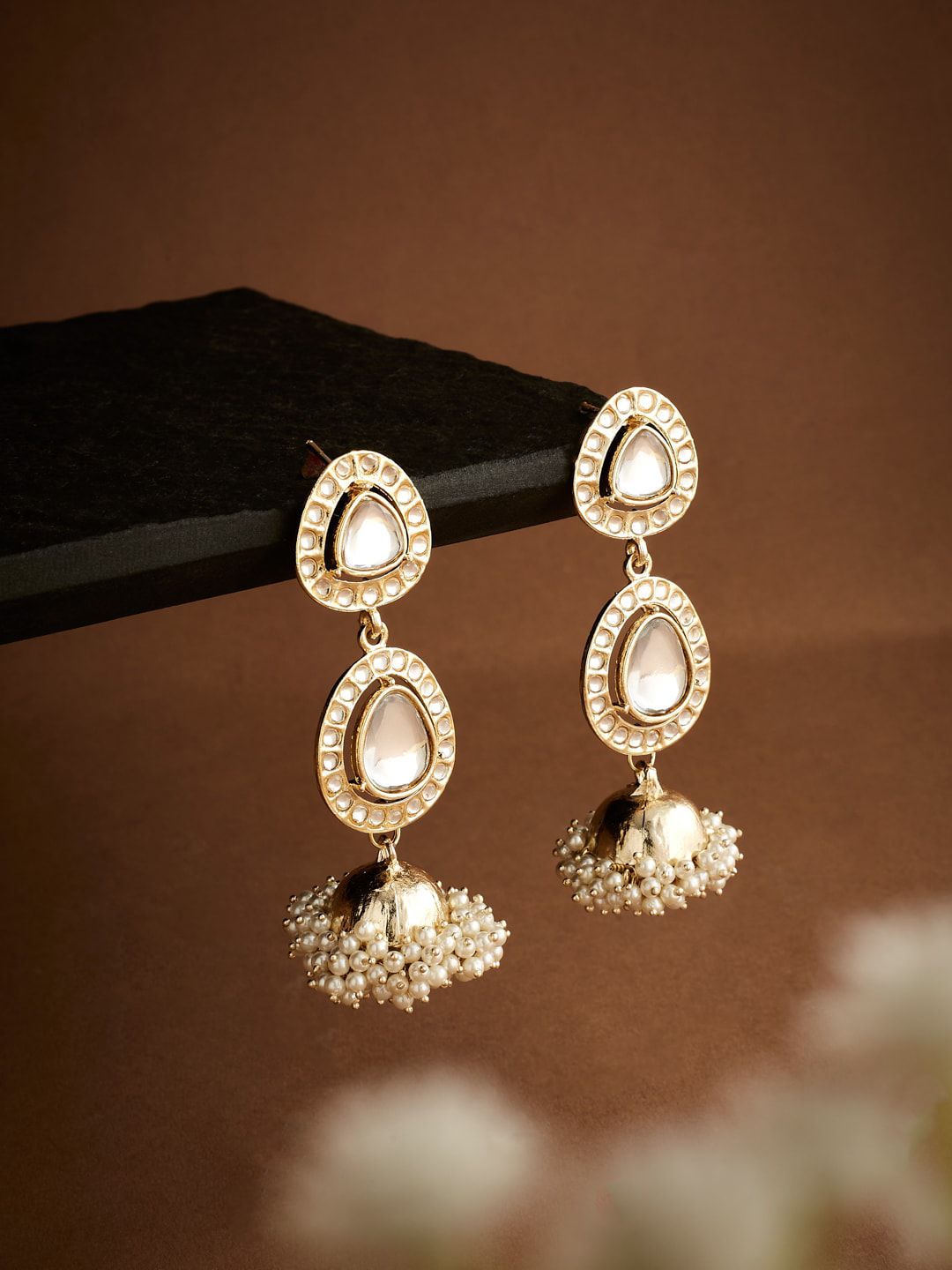 ATIBELLE Gold Plated Artificial Stones Studded Layered Contemporary Jhumkas Earrings