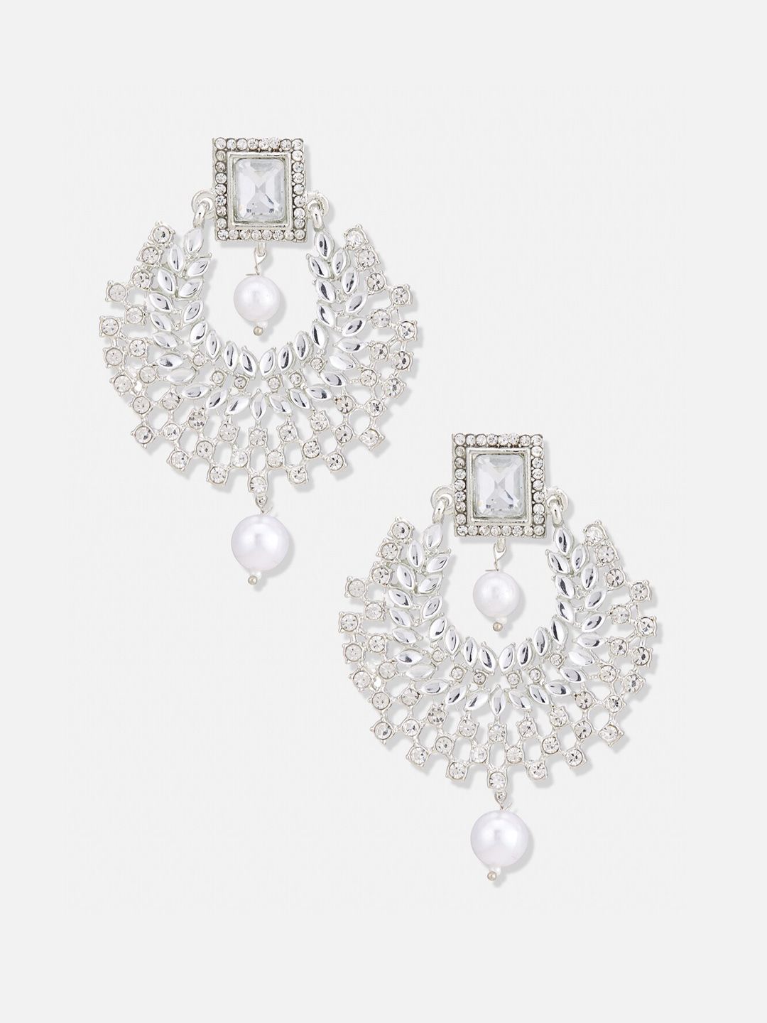 ATIBELLE Set Of 2 Silver Plated Studded With Pearl Contemporary Chandbalis  Earrings
