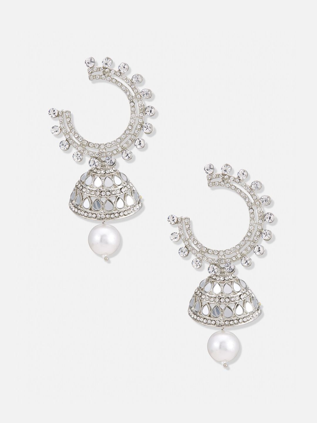 ATIBELLE Set Of 2 Silver Plated Studded With Pearl Contemporary Chandbalis  Earrings