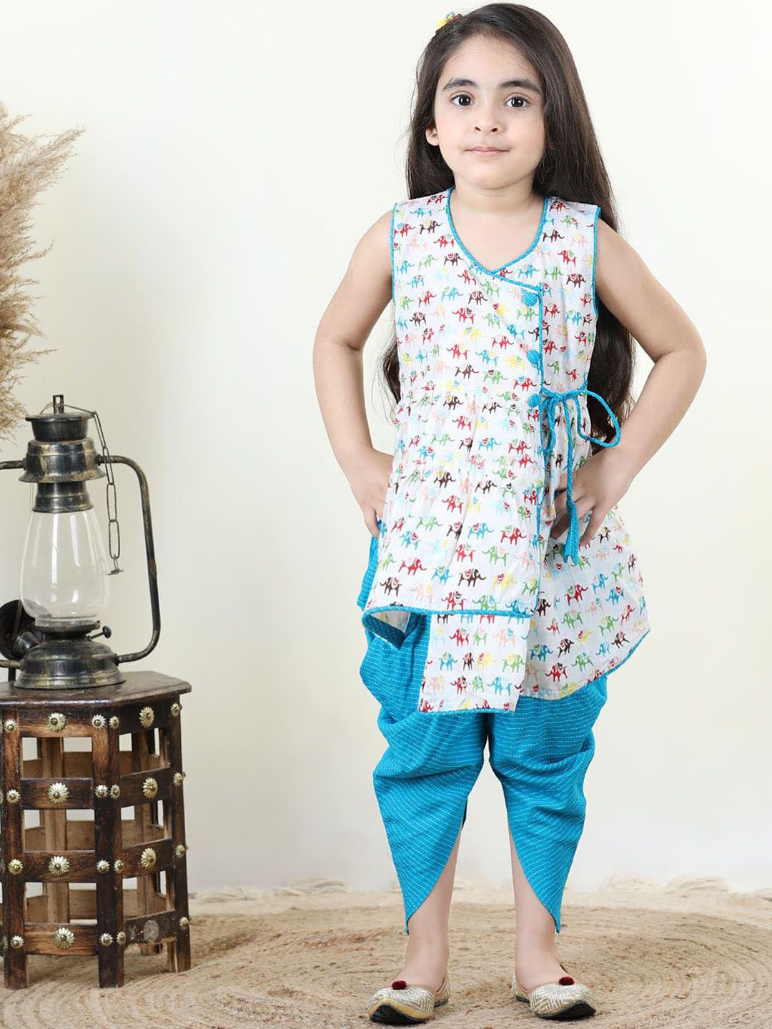 Here&Now X Kinder Kids Girls Ethnic Motif Printed Angrakha Pure Cotton Kurti With Dhoti Pants-picture-15