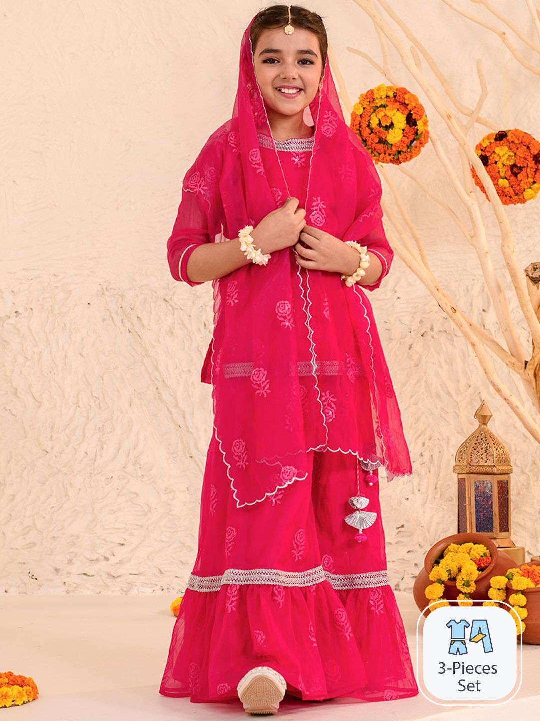 pspeaches Girls Floral Printed Regular Kurta with Sharara & With Dupatta-picture-22