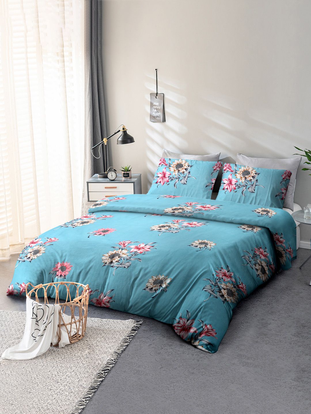 Cortina Turquoise Blue & Pink Printed 144 TC Queen Bedsheet with 2 Pillow Covers-picture-8