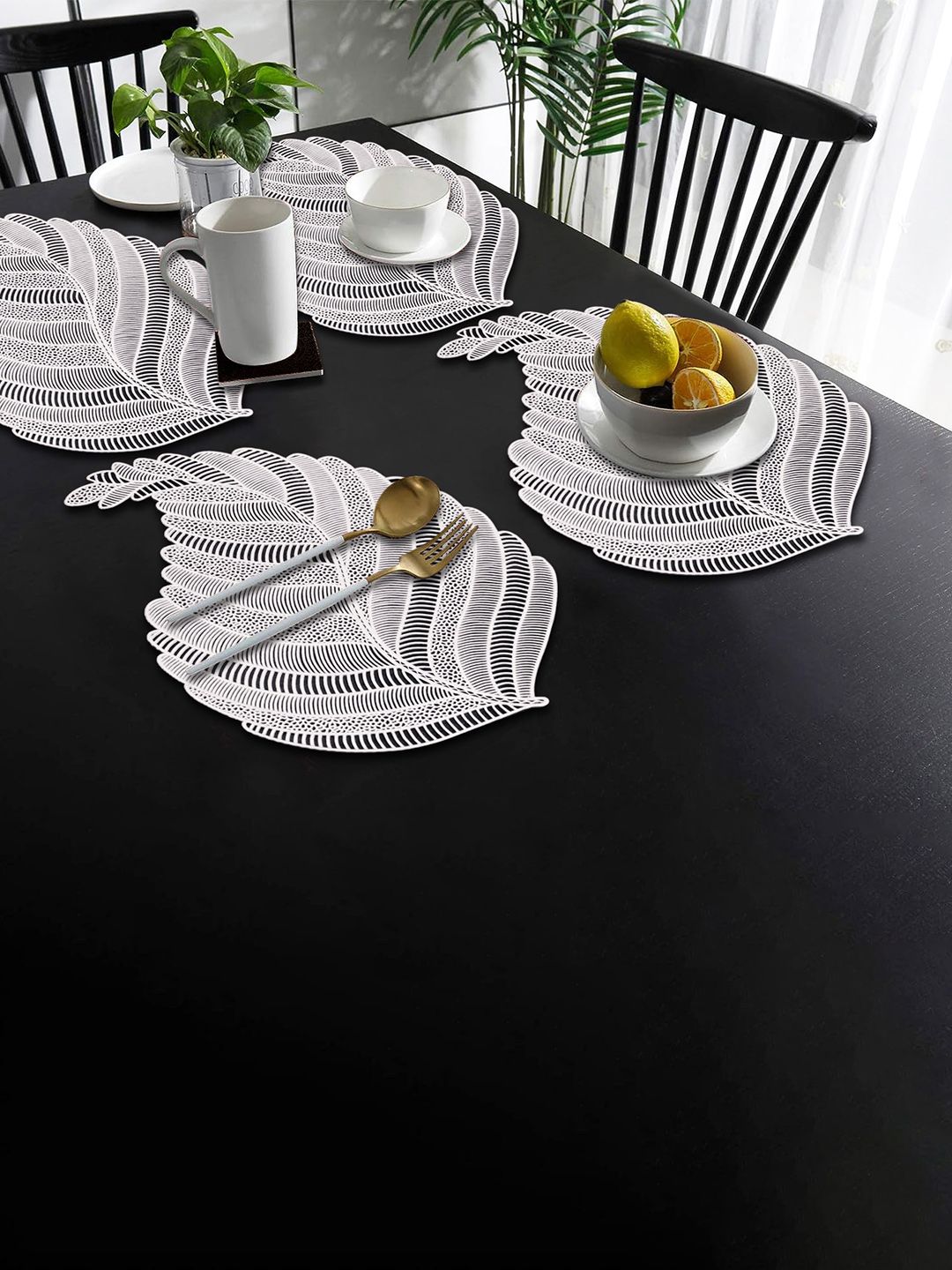 Dakshya Industries Silver Toned 4 Pieces Textured Leaf Shape Table Placemats-picture-28