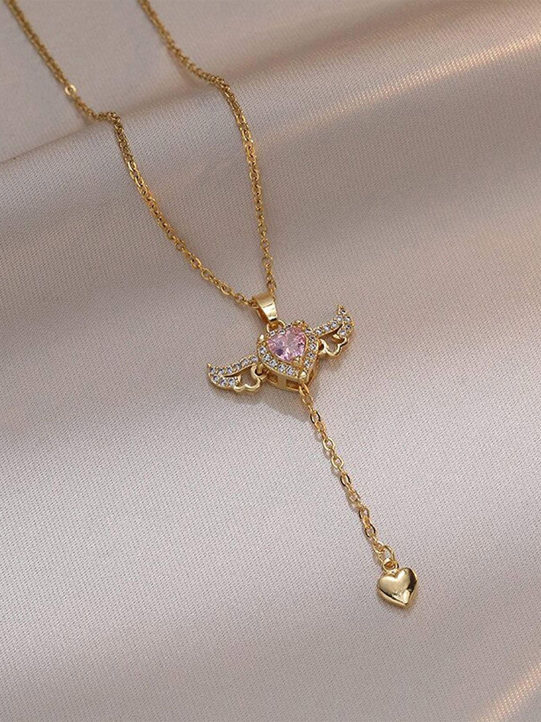 Fashion Frill Gold Plated Stainless Steel Crystal Studded Heart Pendant With Chain-picture-14