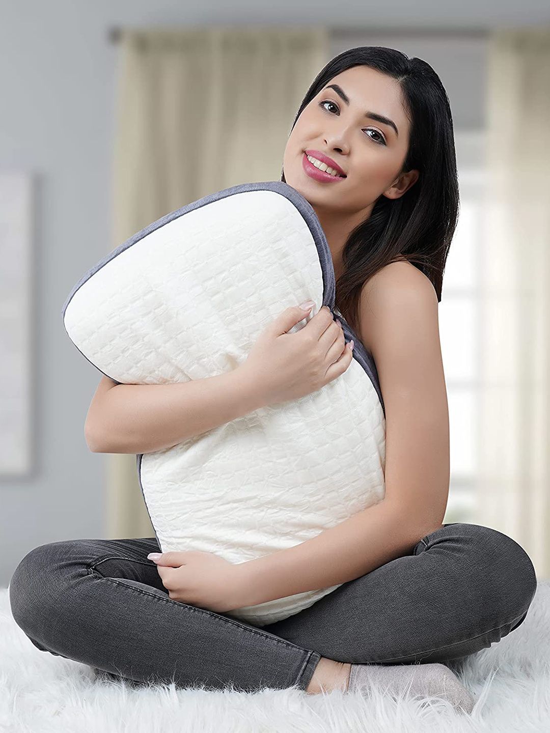 Wakeup India White & Grey Checked Sleep Pillow-image-26