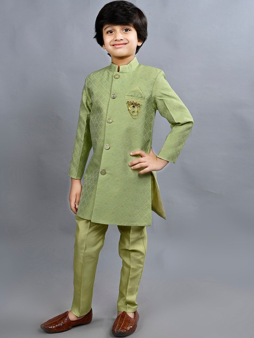 ahhaaaa Boys Woven Design Mandarin Collar Sherwani Set-image-27
