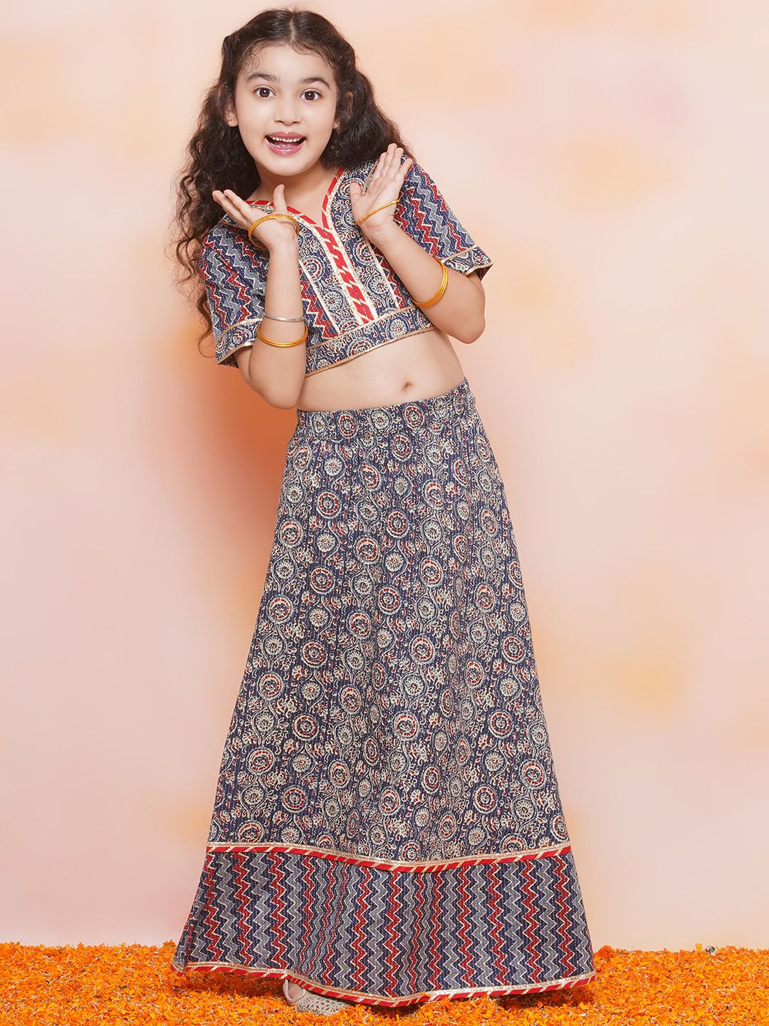 Aj DEZInES Girls Printed V-Neck Gotta Patti Cotton Ready to Wear Lehenga Choli-picture-28