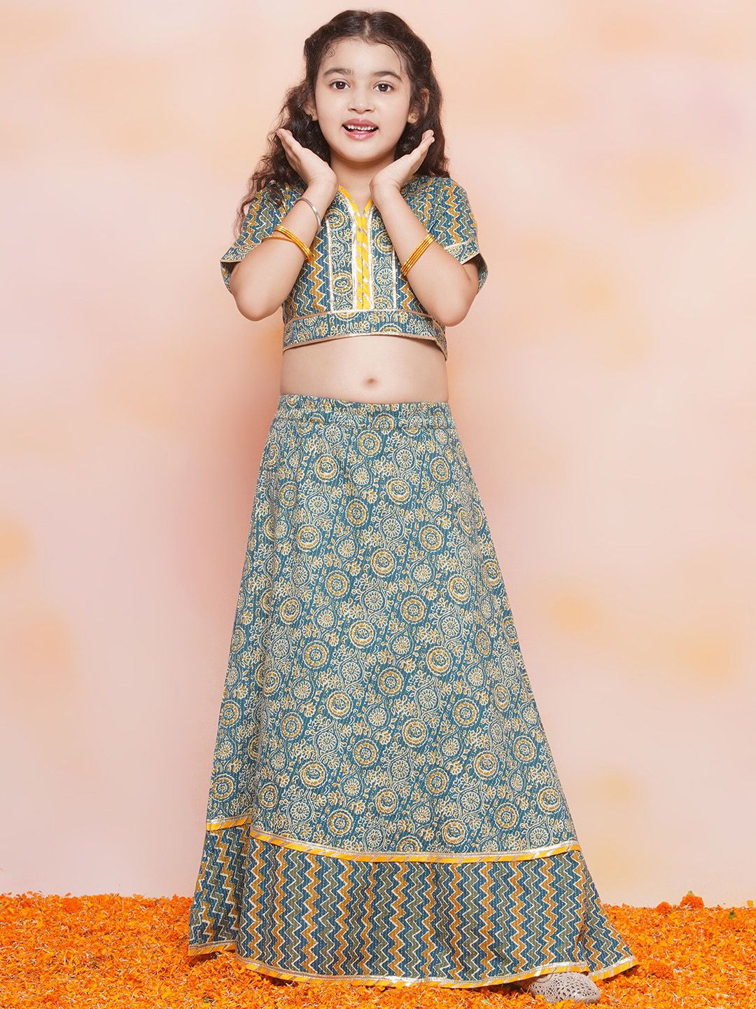 Aj DEZInES Girls Printed V-Neck Gotta Patti Cotton Ready to Wear Lehenga Choli-picture-31