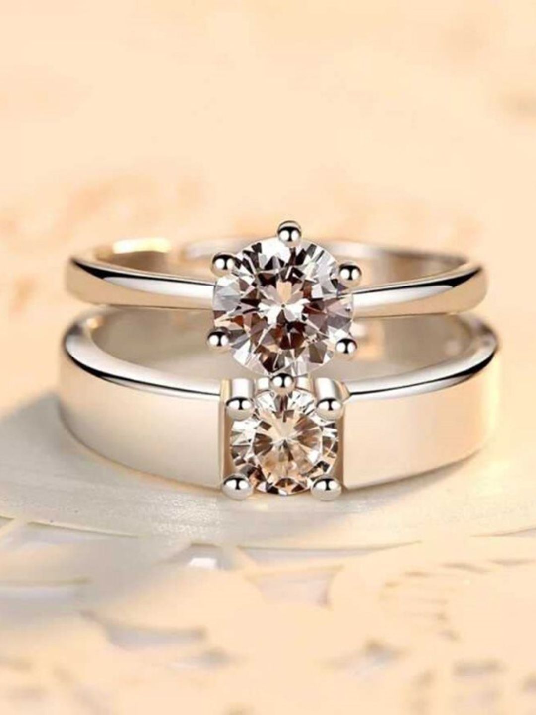 VIEN Set Of 2 Silver-Plated Crystal Studded Stainless Steel Adjustable Couple Rings-picture-35