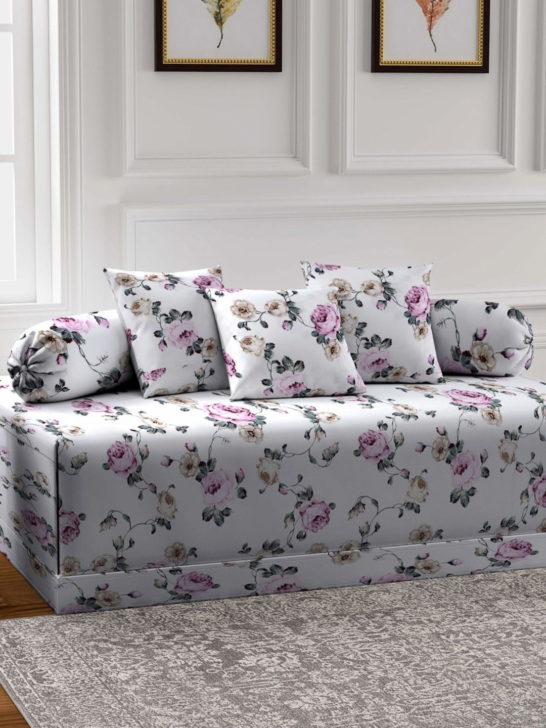 FABINALIV White & Pink 6 Pieces Floral Printed Diwan Set-image-39