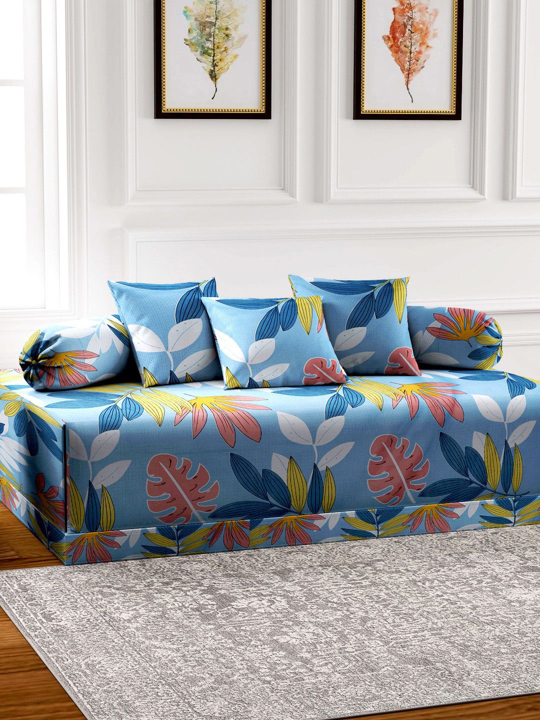 FABINALIV Blue & Yellow 6-Pieces Floral Printed 300 TC Diwan Set-image-35