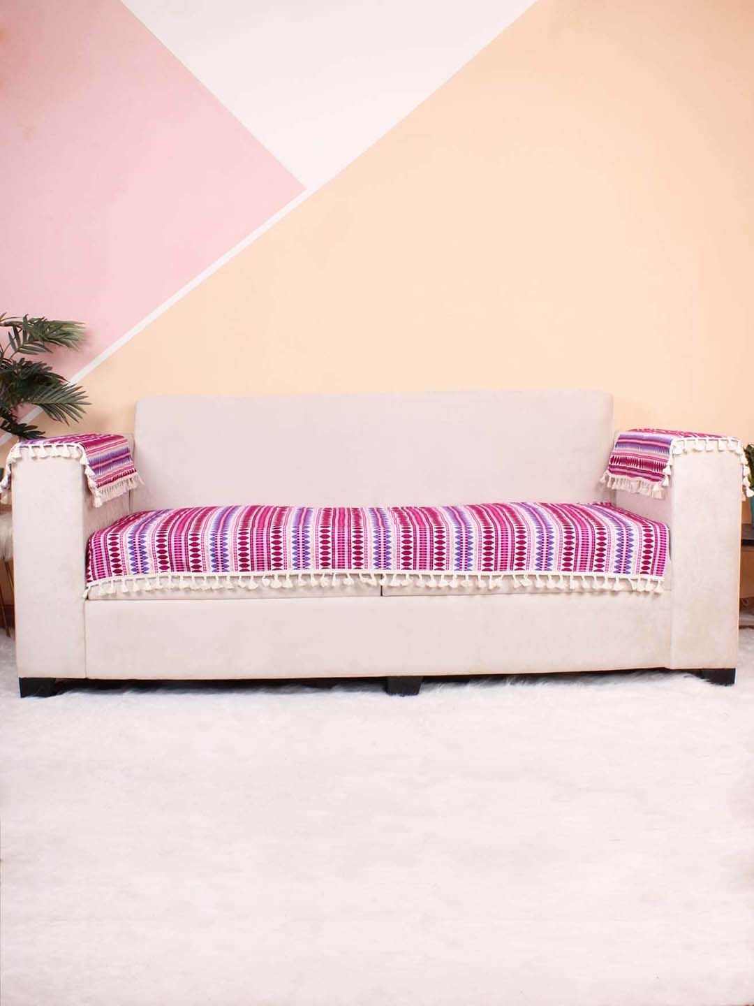 STITCHNEST Purple & Pink Self Design Jacquard 3-Seater Sofa Cover-image-36