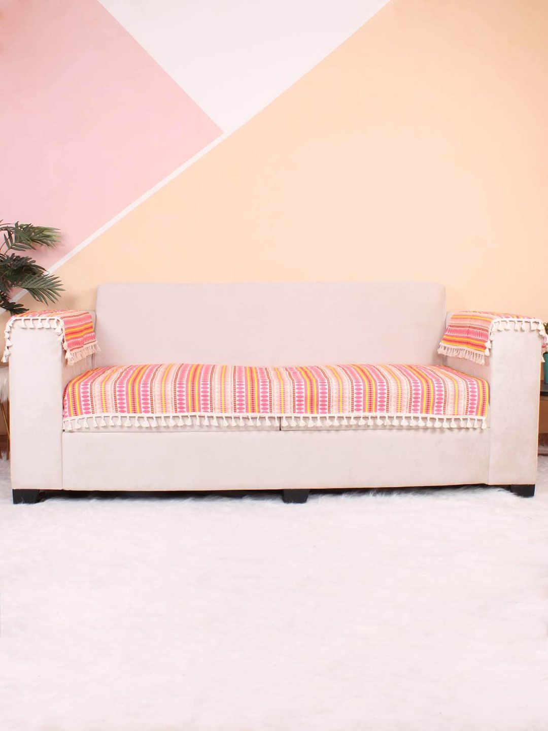 STITCHNEST Pink & Yellow Self Design Jacquard 3-Seater Sofa Cover