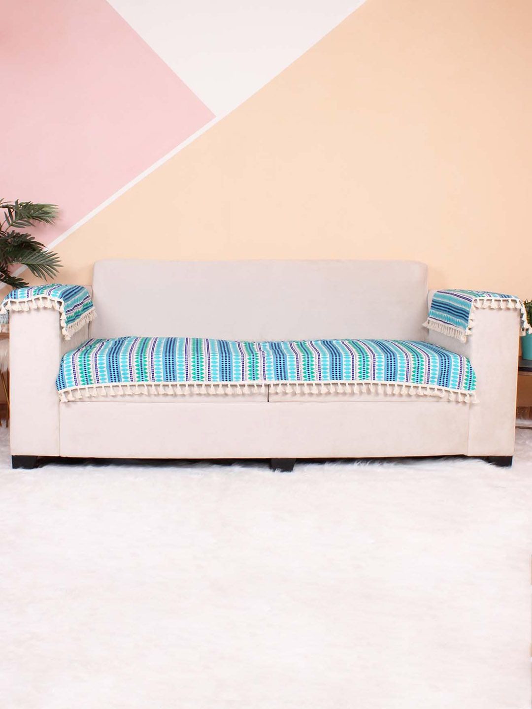 STITCHNEST Blue & White Printed Jacquard 3-Seater Sofa Cover-image-20