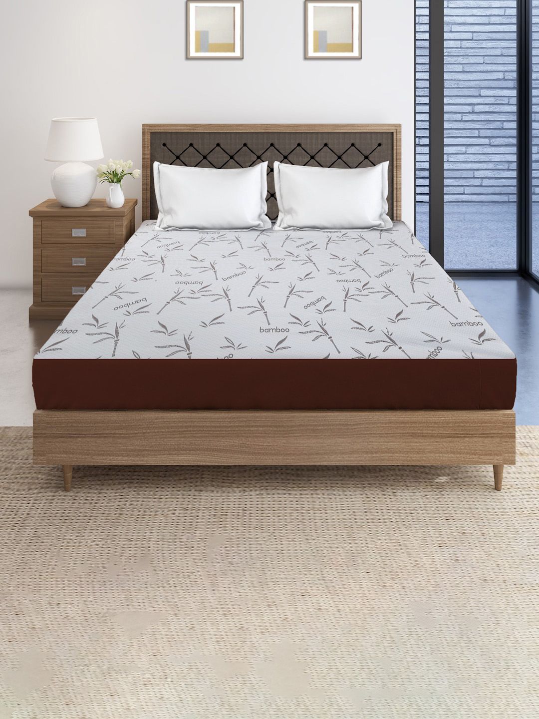 SOKNACK White & Grey Printed Quilted Fitted King Size Mattress Protector-picture-42