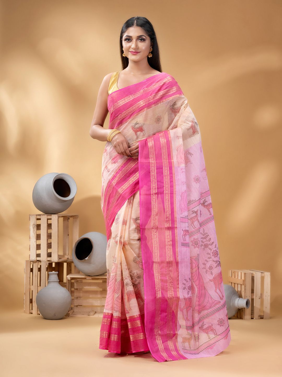 DESH BIDESH Ethnic Motifs Printed Zari Pure Cotton Taant Saree-picture-17