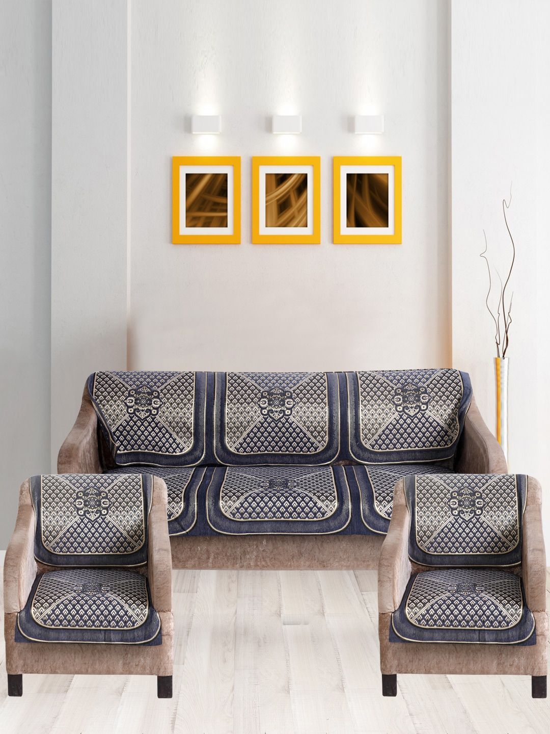 Nendle Grey 6-Pieces Printed Cotton 5-Seater Sofa Covers-image-5