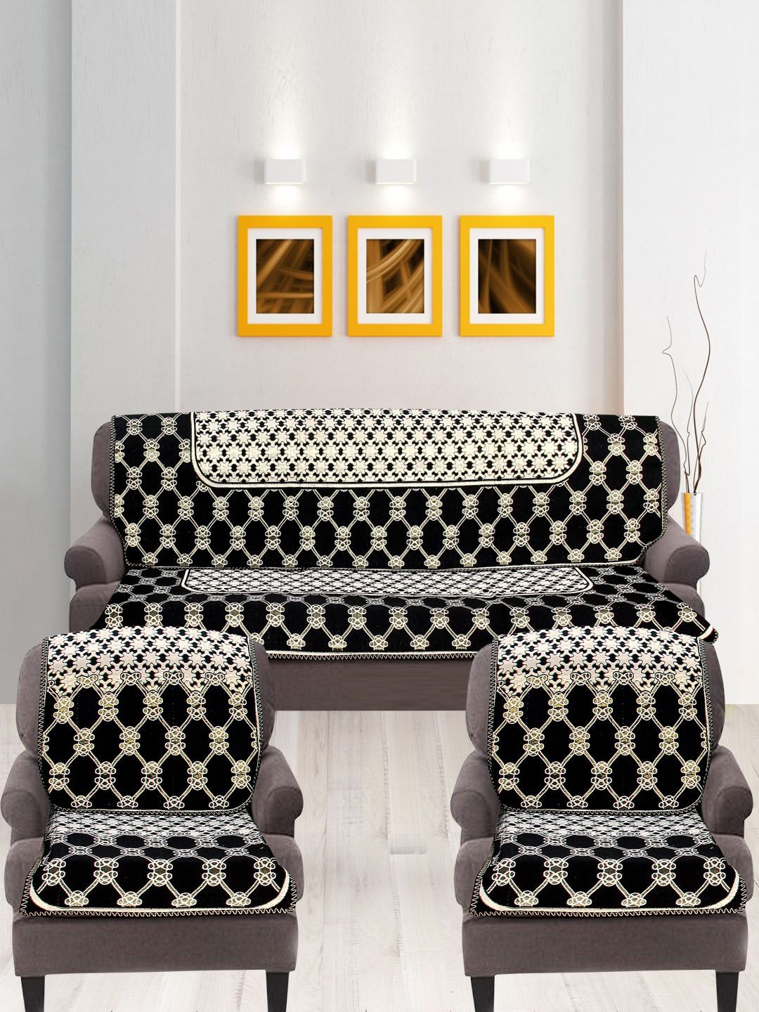 Nendle Black & White 6 Pieces Printed Cotton 5-Seater Sofa Covers-image-8