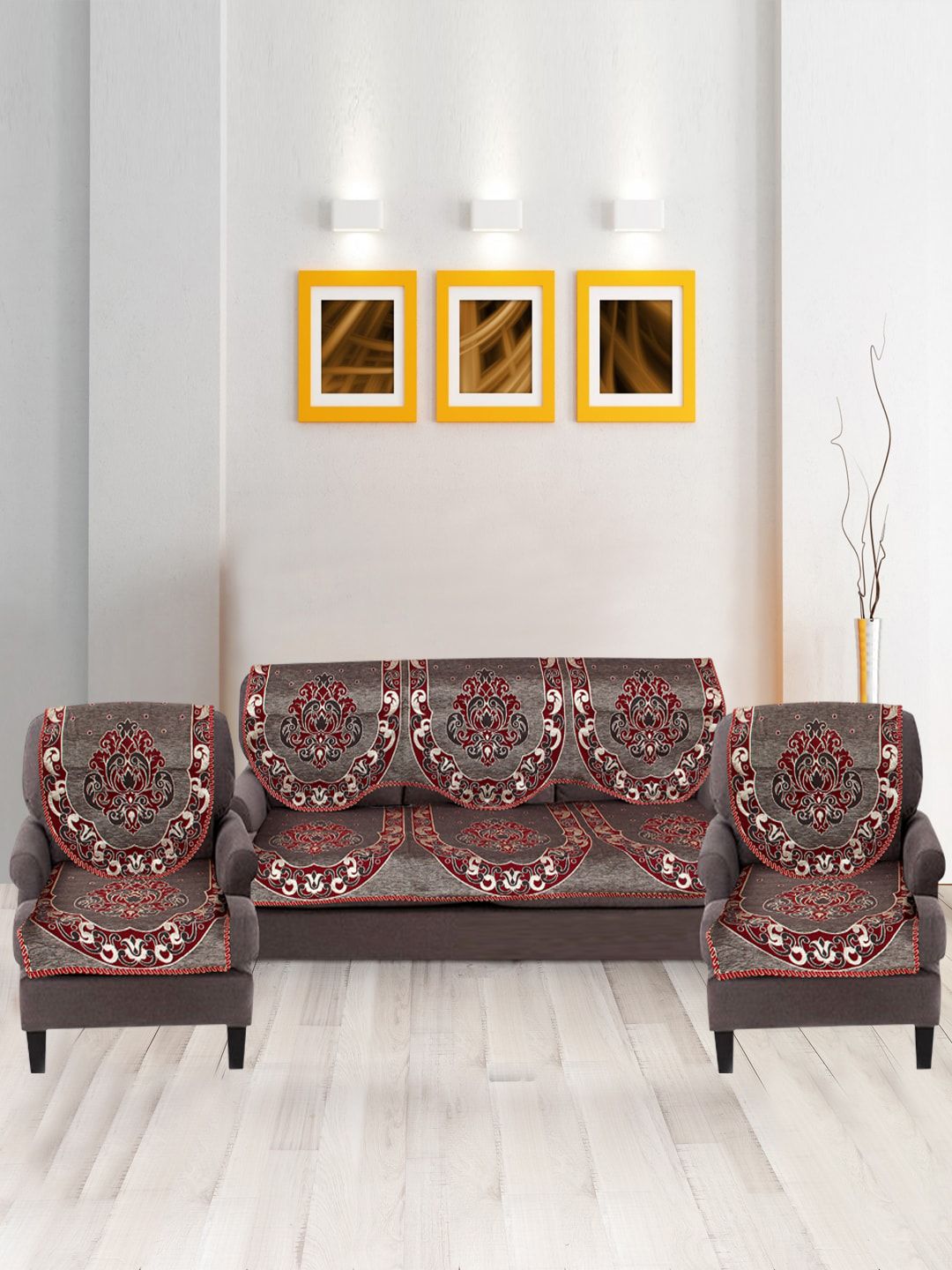 Nendle Maroon & Grey 6 Pieces Printed Cotton 5-Seater Sofa Covers-image-6