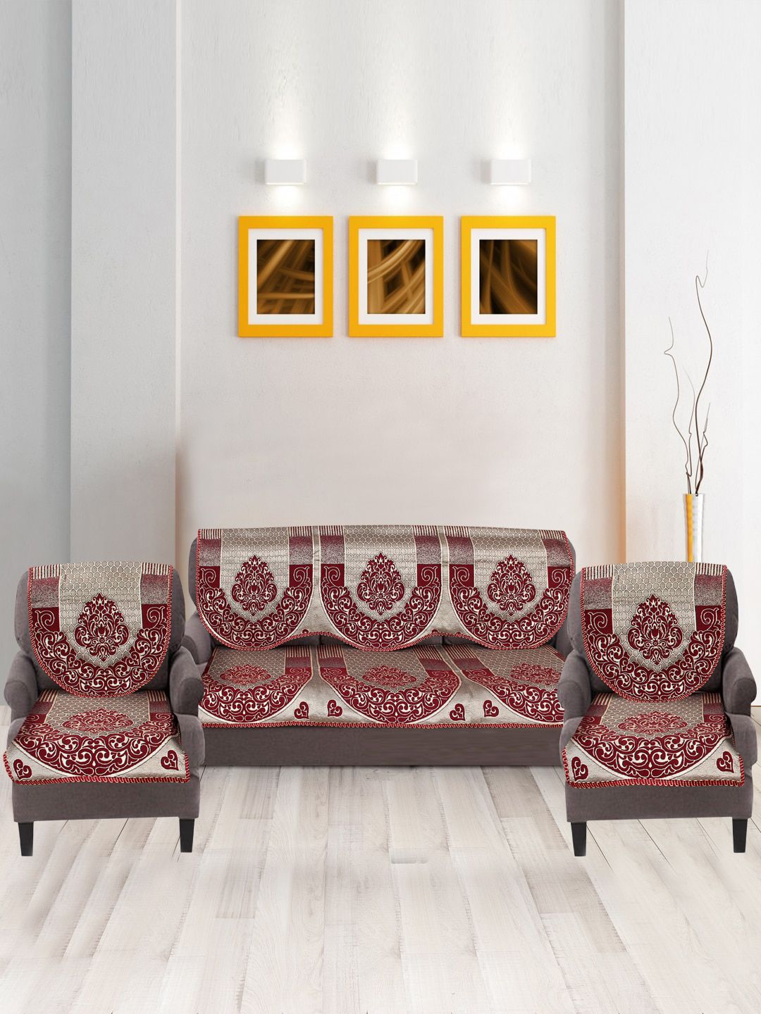 Nendle Maroon & Grey 6 Pieces Printed Cotton 5-Seater Sofa Covers-picture-39
