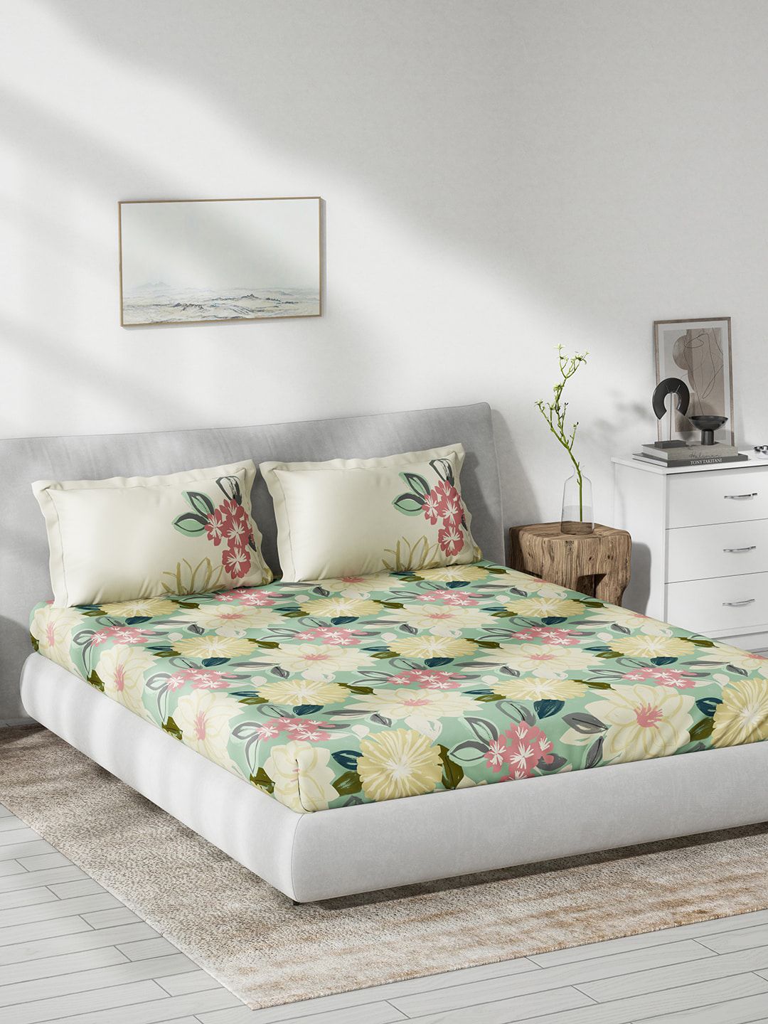 DDecor Green & Pink Floral Cotton 144 TC Queen Bedsheet With 2 Pillow Covers-picture-28
