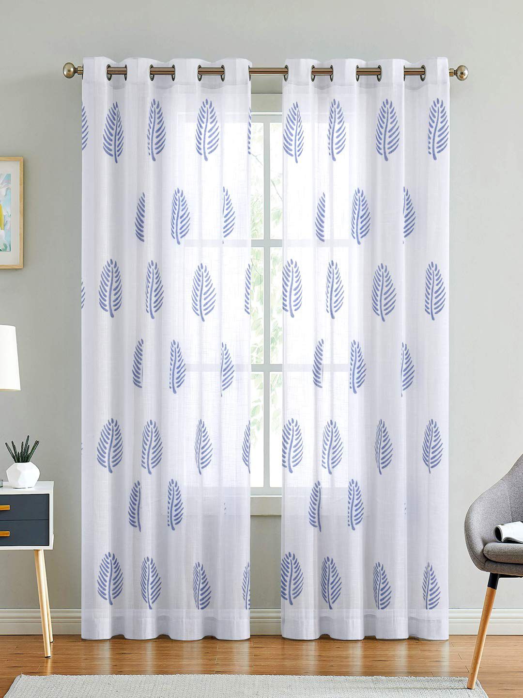 LINENWALAS Happy Sleeping 2 Pcs White & Blue Cotton Sheer Door Curtains-image-43