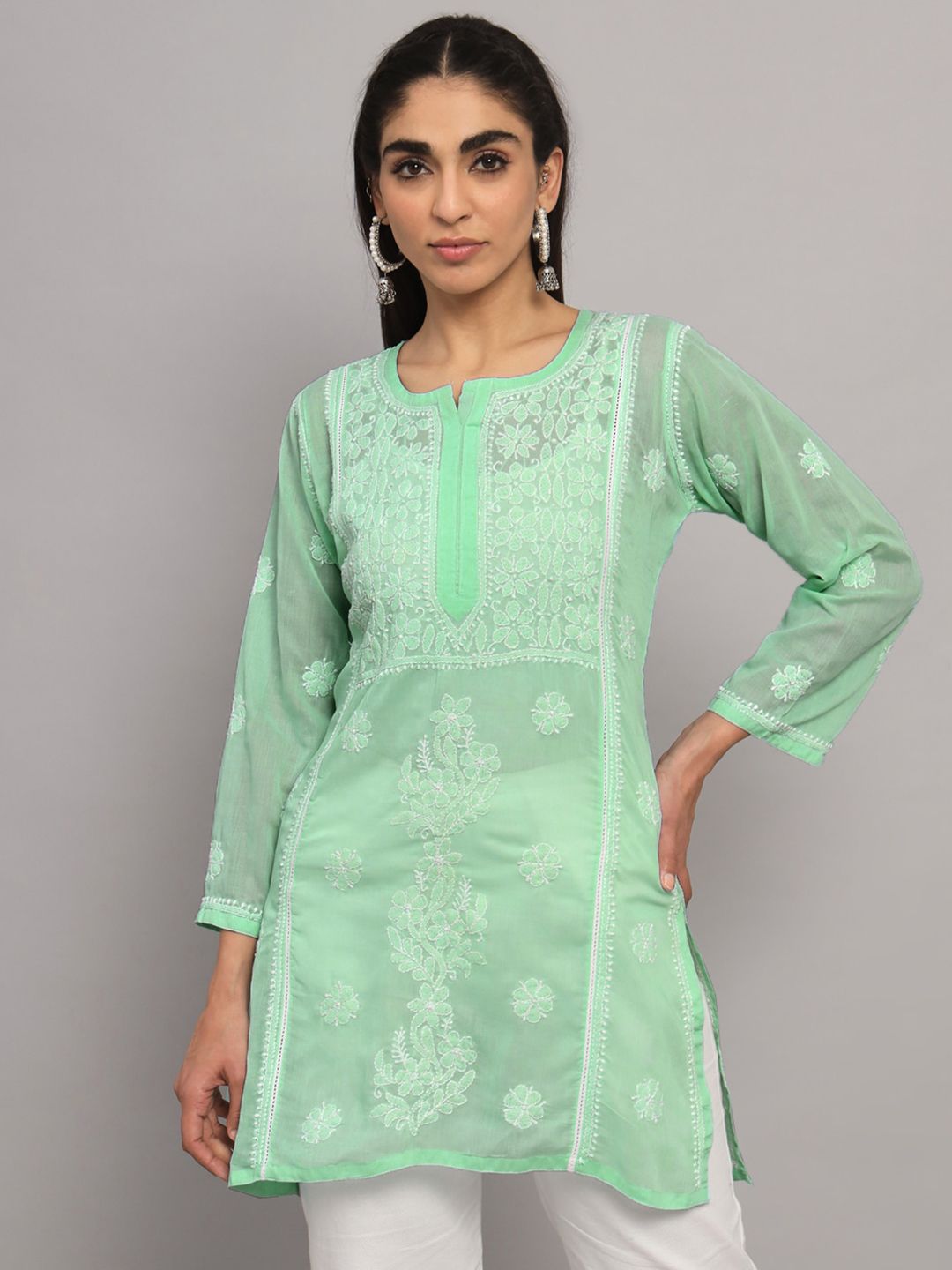 PARAMOUNT CHIKAN Ethnic Motifs Embroidered Chikankari Pure Cotton Straight Kurti-picture-13