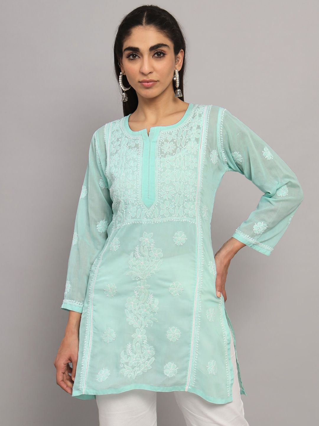 PARAMOUNT CHIKAN Ethnic Motifs Embroidered Chikankari Pure Cotton Straight Kurti-picture-14
